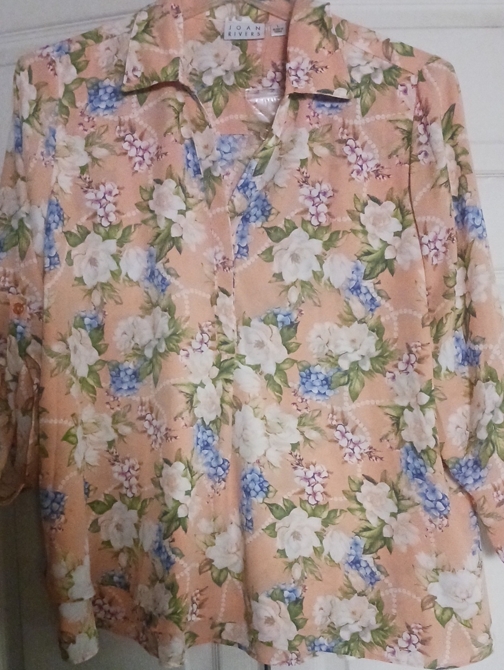 Joan Rivers Peach Floral Button-Down Shirt with Blue & White Blooms